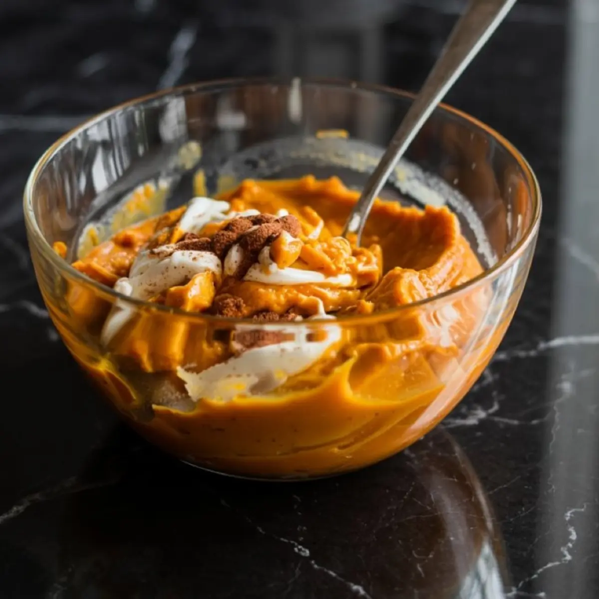 Glass bowl of pumpkin spice mixture with visible swirls of cream cheese and dusting of cinnamon, mixed with a spoon on a dark marble counter.