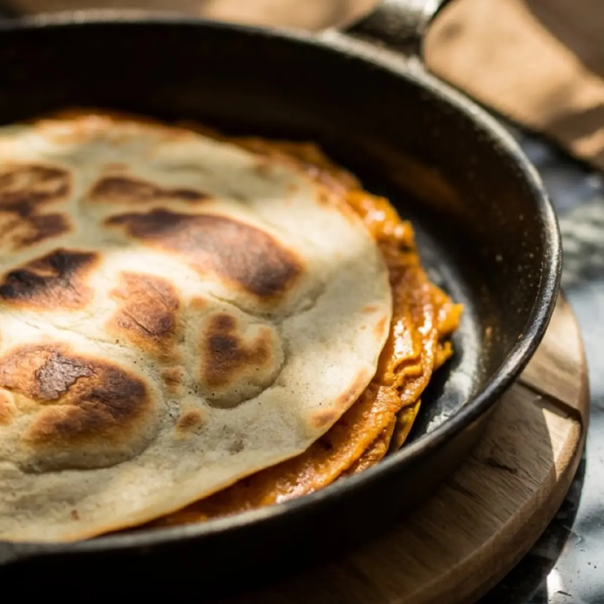 Golden toasted quesadilla cooking in a cast iron skillet, filled with creamy pumpkin filling and slightly charred tortilla on a wooden trivet.