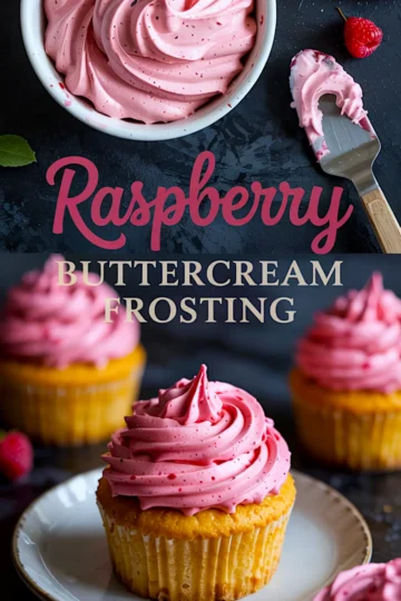 Collage showing a close-up of whipped raspberry buttercream frosting in a white bowl with spatula and cupcakes topped with pink swirls of frosting on a white plate.