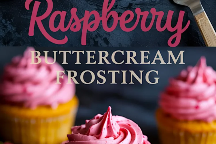 Collage showing a close-up of whipped raspberry buttercream frosting in a white bowl with spatula and cupcakes topped with pink swirls of frosting on a white plate.