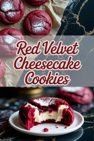 Collage showing whole red velvet cheesecake cookies dusted with powdered sugar and a close-up of a bitten cookie revealing creamy cheesecake filling, labeled “Red Velvet Cheesecake Cookies” in bold script.