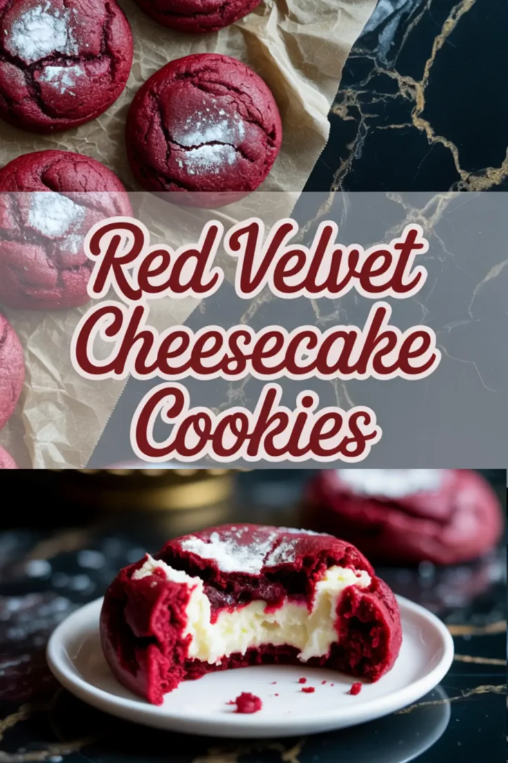 Collage showing whole red velvet cheesecake cookies dusted with powdered sugar and a close-up of a bitten cookie revealing creamy cheesecake filling, labeled “Red Velvet Cheesecake Cookies” in bold script.
