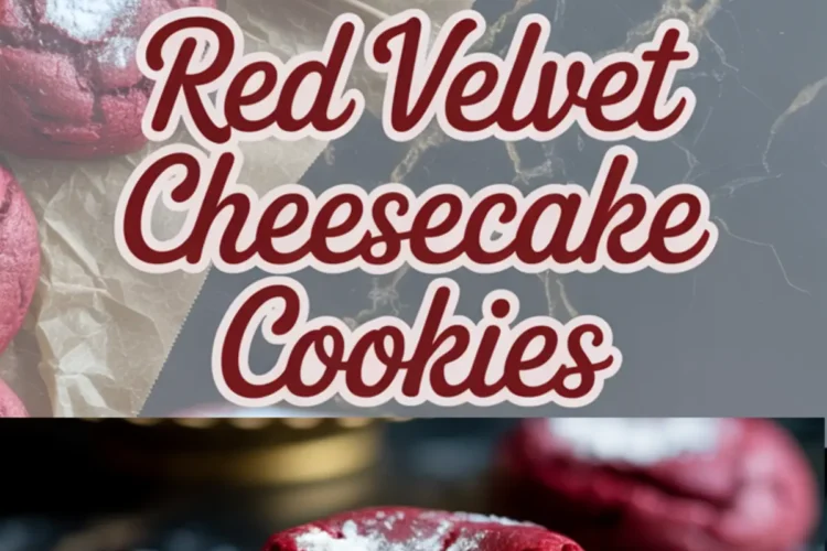 Collage showing whole red velvet cheesecake cookies dusted with powdered sugar and a close-up of a bitten cookie revealing creamy cheesecake filling, labeled “Red Velvet Cheesecake Cookies” in bold script.