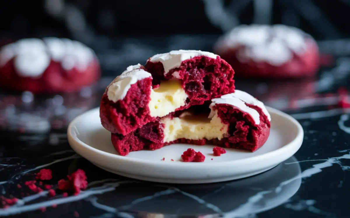 Red velvet cookie broken in half on a white plate, exposing smooth cheesecake filling, with powdered sugar on top and whole cookies blurred in the background.
