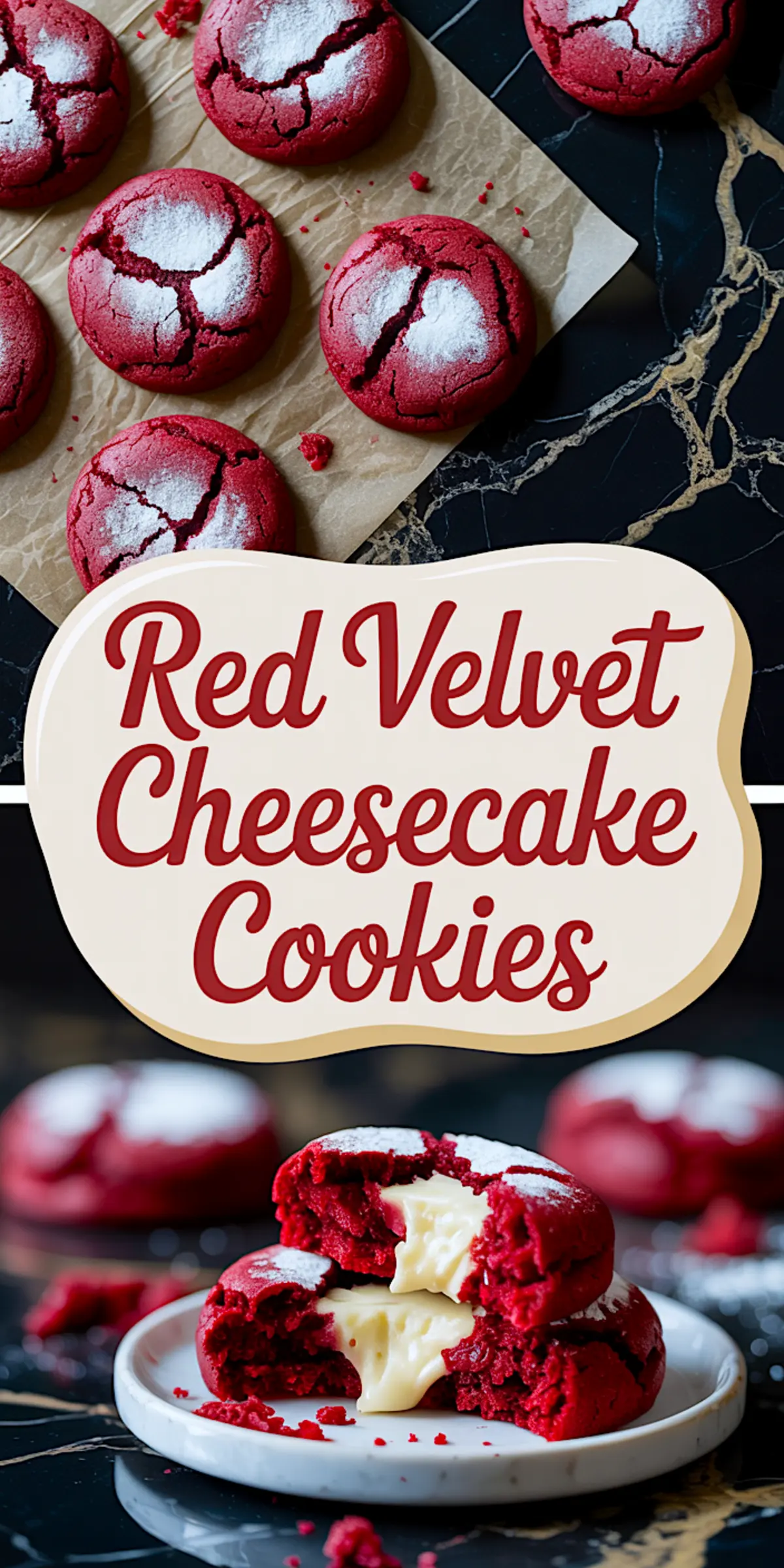 Collage featuring cracked red velvet cookies with powdered sugar on parchment and a close-up of a broken cookie on a plate oozing creamy cheesecake, with stylized text “Red Velvet Cheesecake Cookies.”