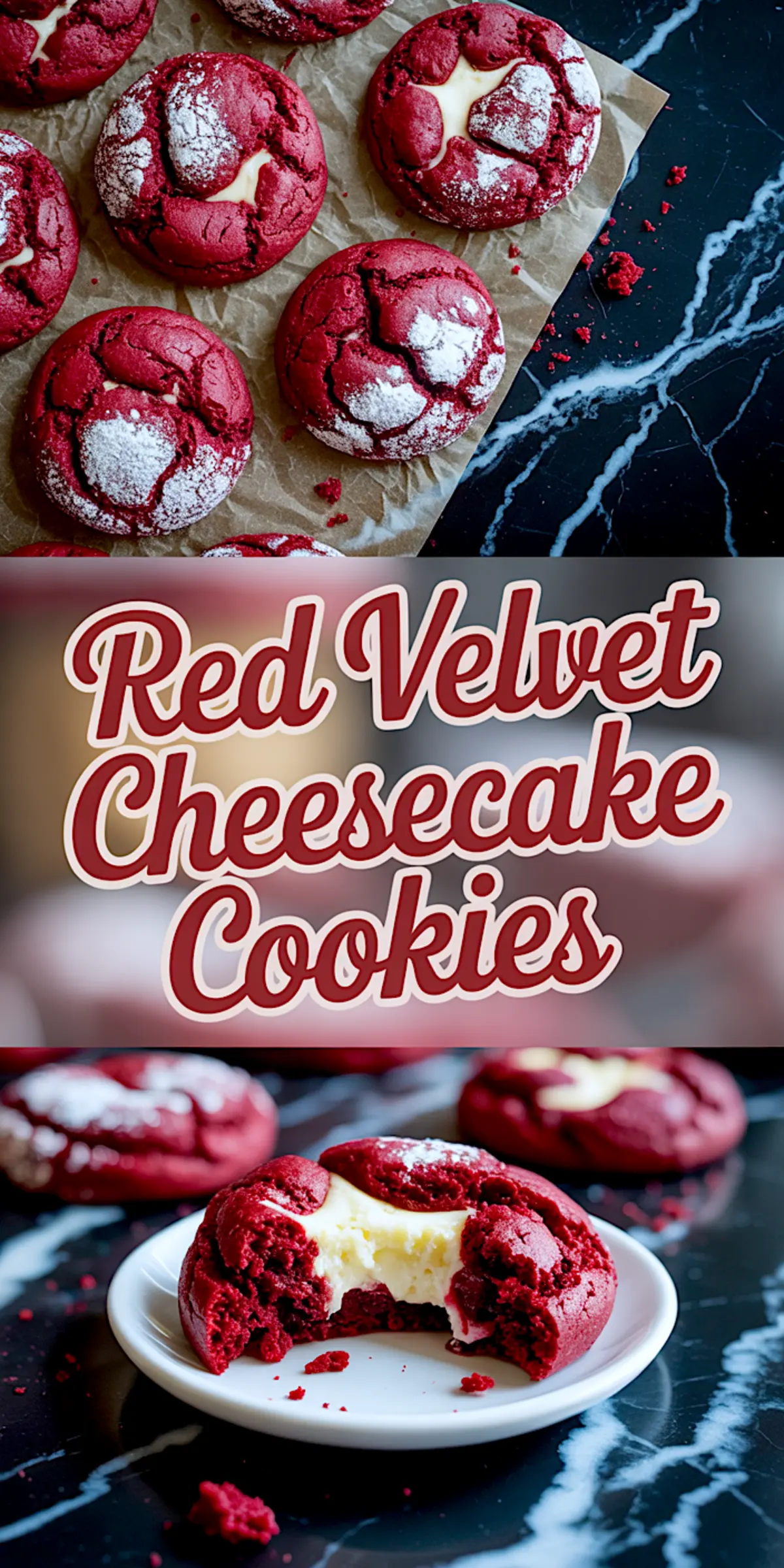 Collage with top view of red velvet cheesecake cookies on parchment paper and bottom view of a bitten cookie revealing soft cheesecake center, layered with bold text “Red Velvet Cheesecake Cookies.”