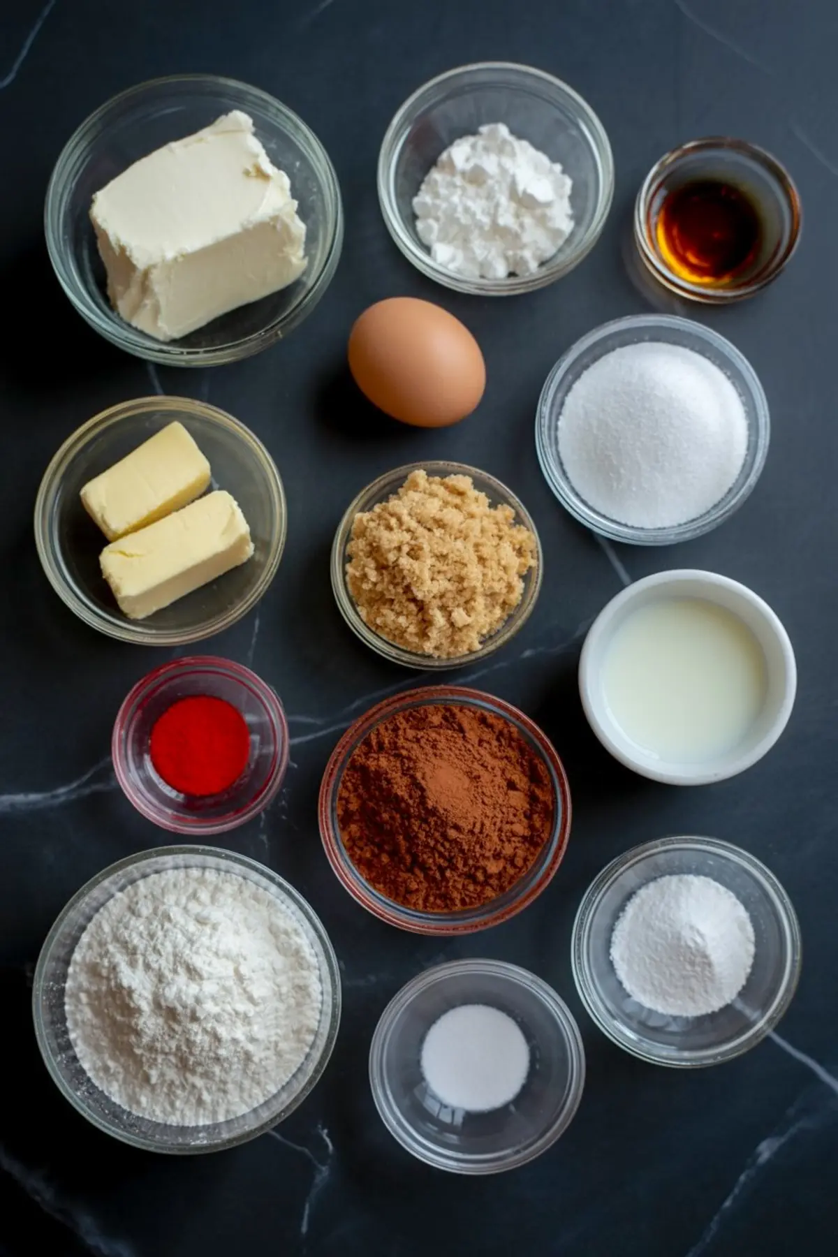 Flat lay of red velvet cheesecake cookie ingredients in clear and ceramic bowls, including butter, sugar, flour, cocoa powder, cream cheese, red food coloring, vanilla, and eggs.