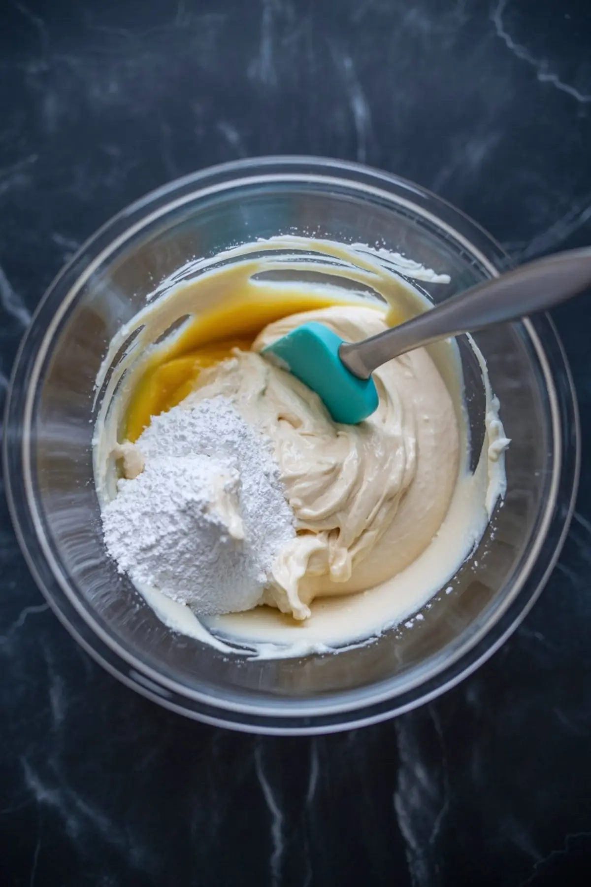 Glass bowl with cream cheese mixture, powdered sugar, and vanilla being combined using a teal spatula for a cheesecake filling on a dark marble surface.
