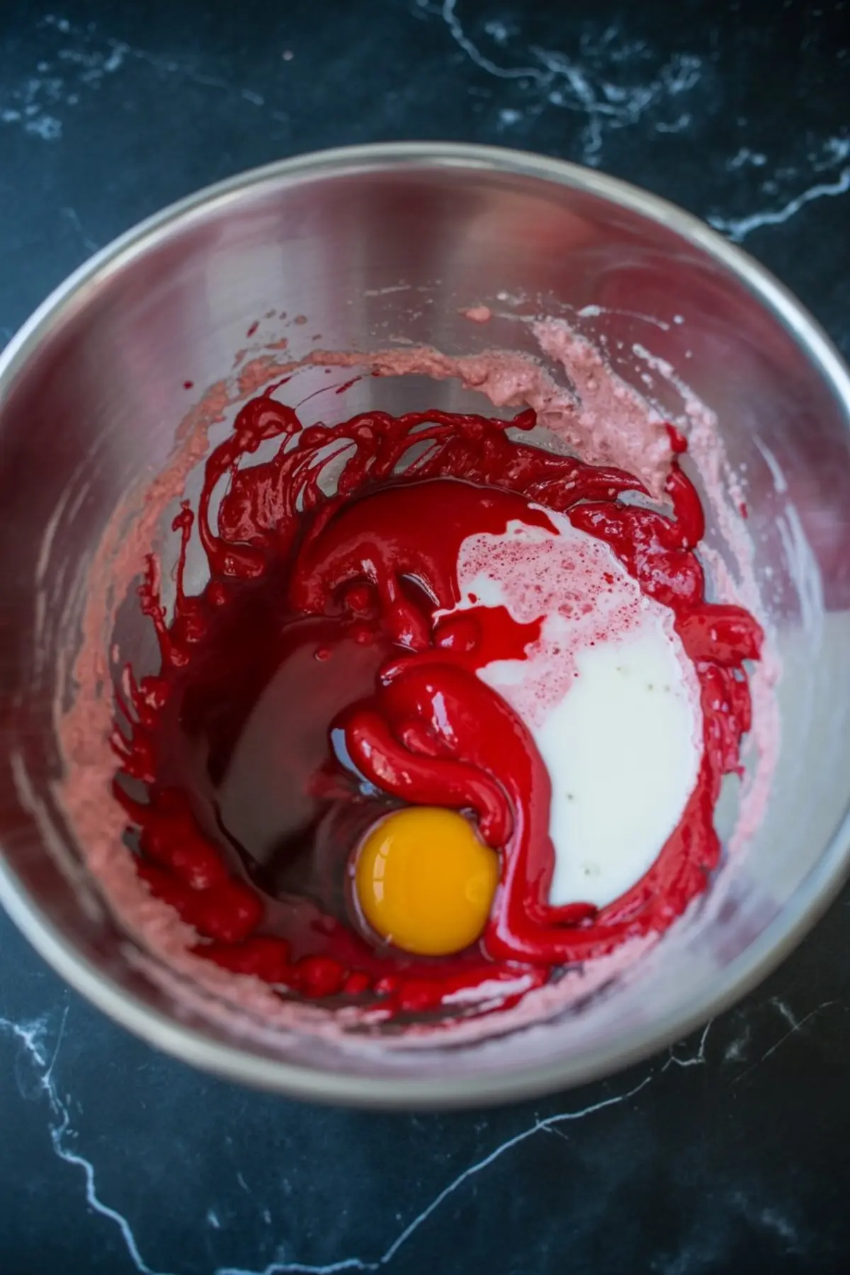 Stainless steel mixing bowl holding red velvet cookie batter with milk and a raw egg in the center, showing the vibrant red color before mixing.