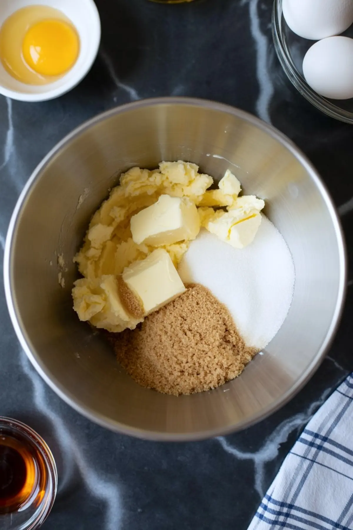 Butter, brown sugar, and granulated sugar creamed together in a metal bowl, with separate bowls of eggs and vanilla extract nearby on a dark counter.
