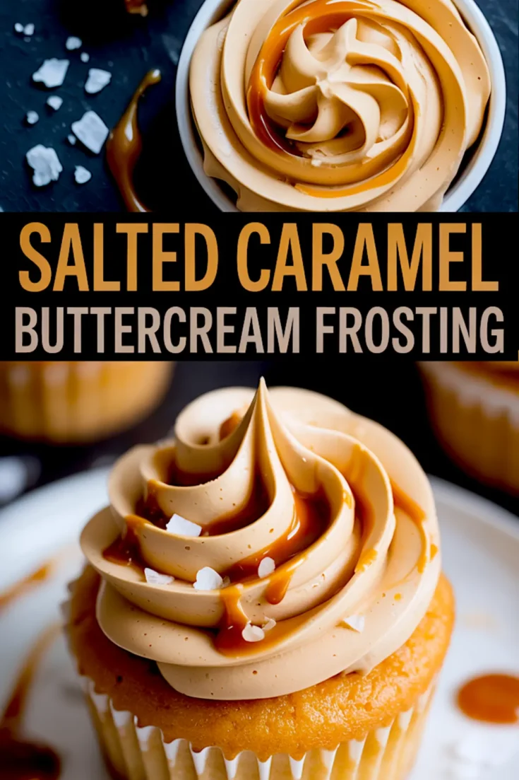 Swirled salted caramel buttercream piped onto a golden cupcake, topped with caramel drizzle and flaky salt, with bold text overlay reading “Salted Caramel Buttercream Frosting.”
