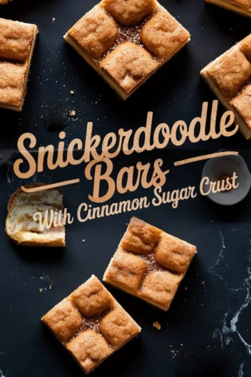Collage of golden snickerdoodle bars with a cinnamon sugar crust arranged on a dark background, featuring bold “Snickerdoodle Bars With Cinnamon Sugar Crust” text overlay.