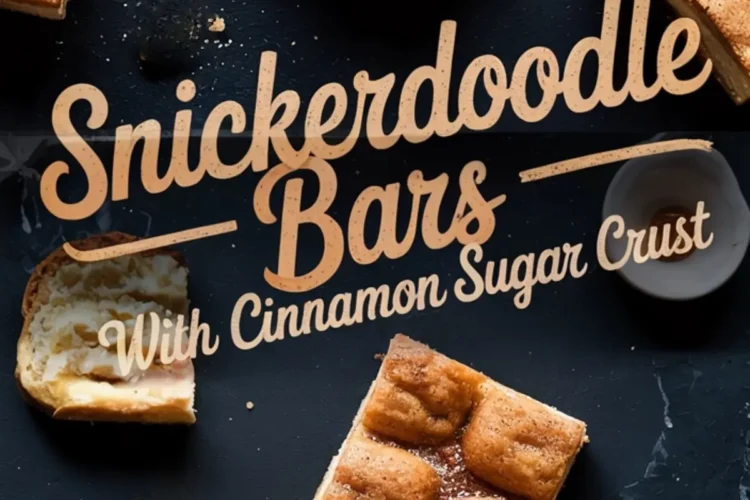 Collage of golden snickerdoodle bars with a cinnamon sugar crust arranged on a dark background, featuring bold “Snickerdoodle Bars With Cinnamon Sugar Crust” text overlay.