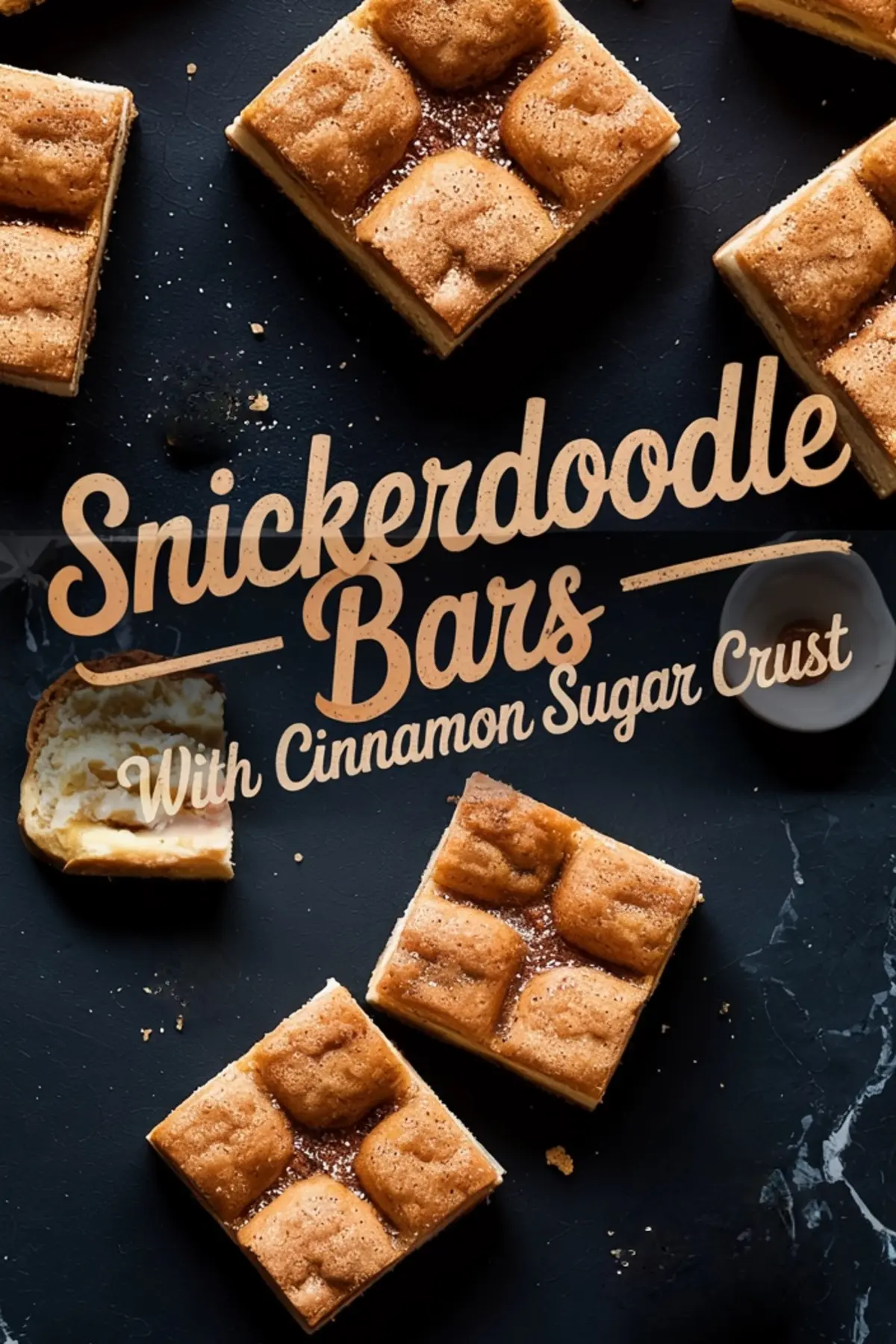 Collage of golden snickerdoodle bars with a cinnamon sugar crust arranged on a dark background, featuring bold “Snickerdoodle Bars With Cinnamon Sugar Crust” text overlay.