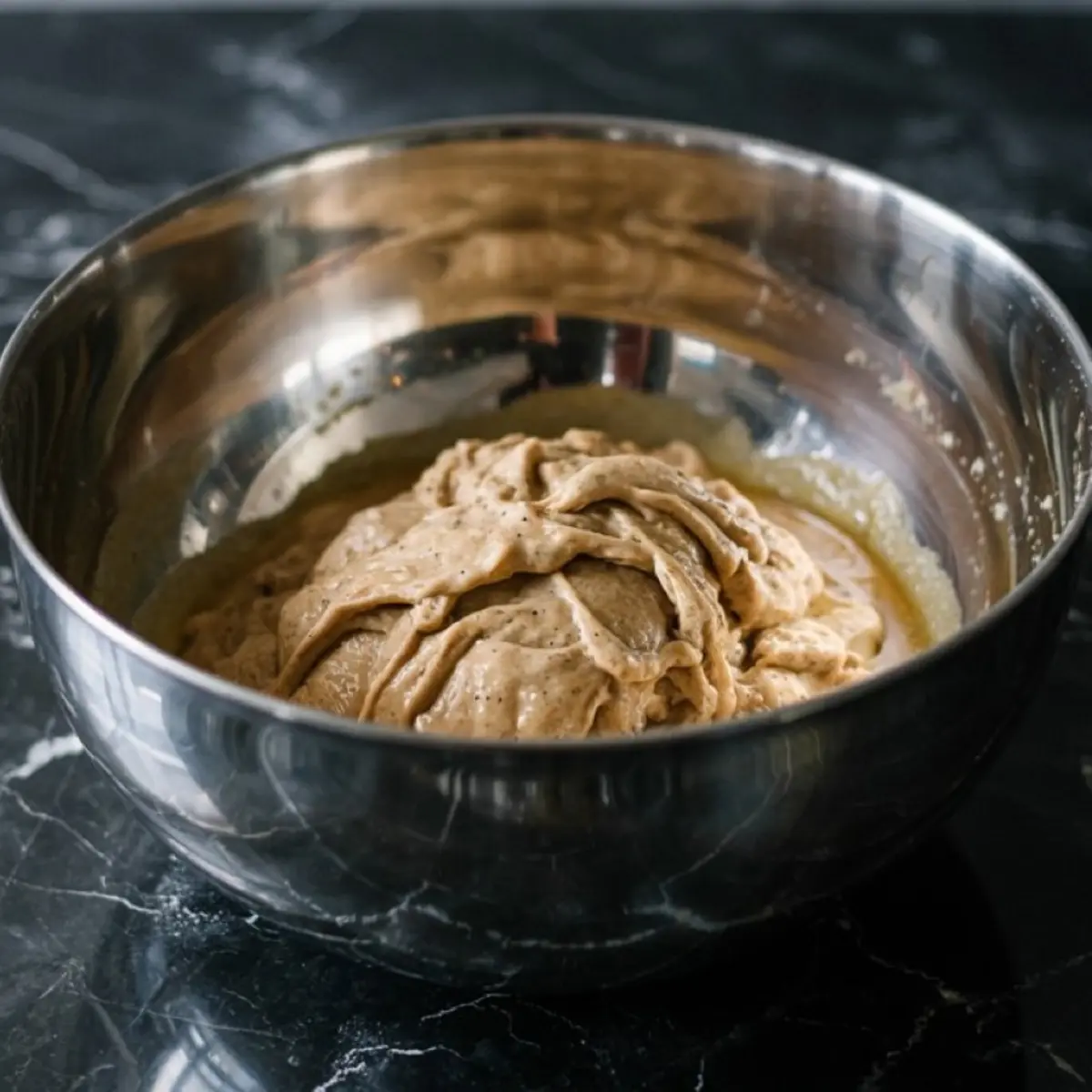 Cinnamon-spiced dough mixture resting in a metal mixing bowl, featuring a thick and soft texture ideal for baking.
