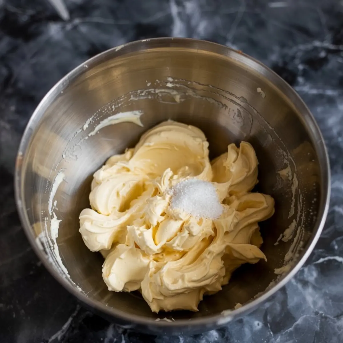 Whipped butter and sugar mixture in a stainless steel bowl on a dark marble surface, showing the creamy base for cookie dough.
