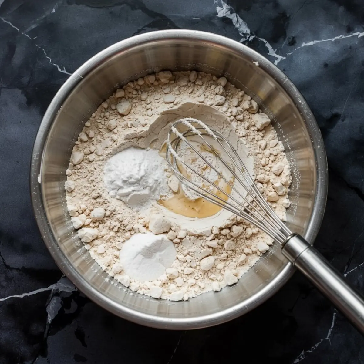 Dry ingredients including flour, baking powder, and salt in a large metal bowl with a whisk, prepped for snickerdoodle bar dough.
