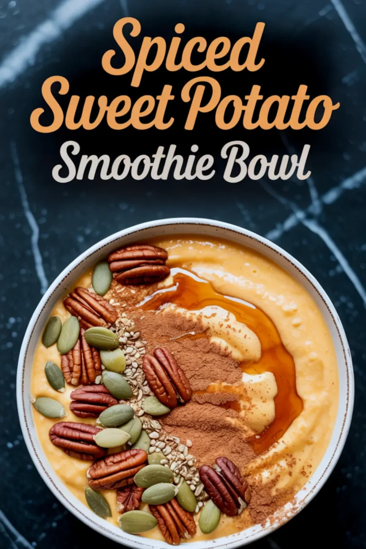 Spiced sweet potato smoothie bowl topped with pecans, pumpkin seeds, flax seeds, cinnamon, and a drizzle of maple syrup, placed on a dark marble surface with text overlay.