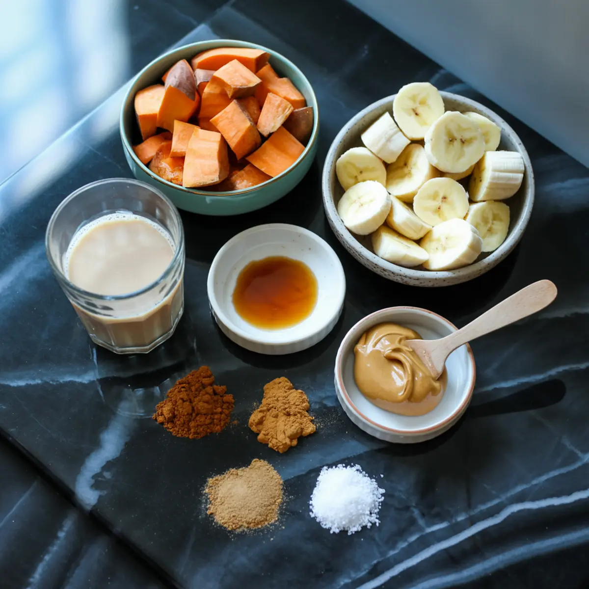 Flat lay of smoothie bowl ingredients including chopped sweet potatoes, banana slices, almond milk, vanilla extract, peanut butter, cinnamon, nutmeg, ginger powder, and sea salt.