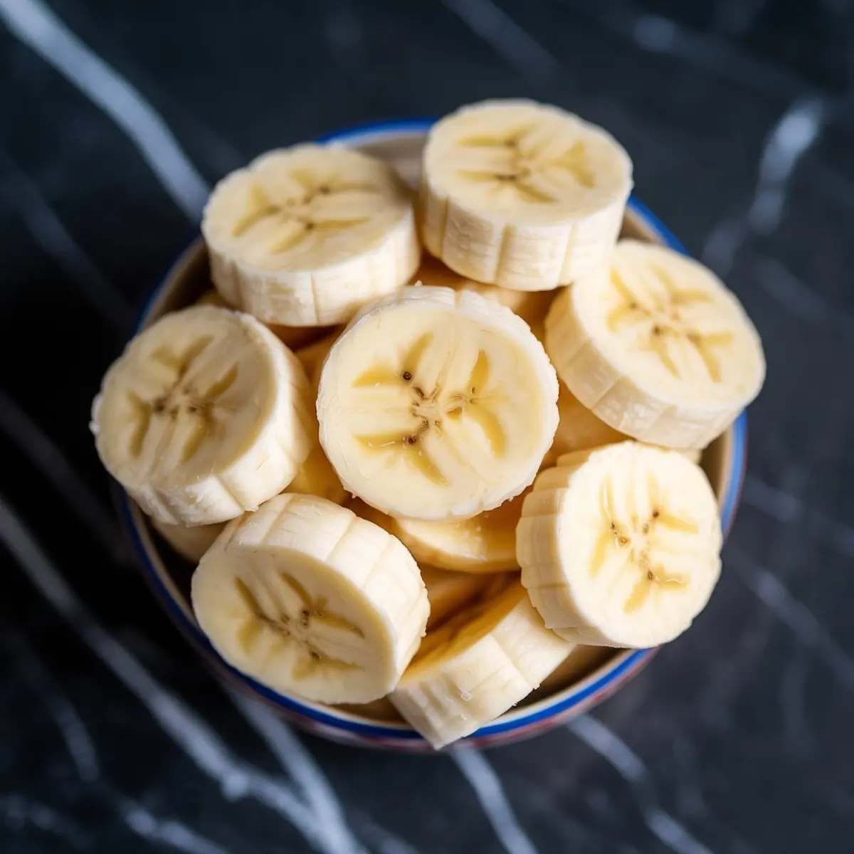 Bowl filled with evenly sliced ripe bananas, displaying star-shaped centers and a soft creamy texture on a black marble background.