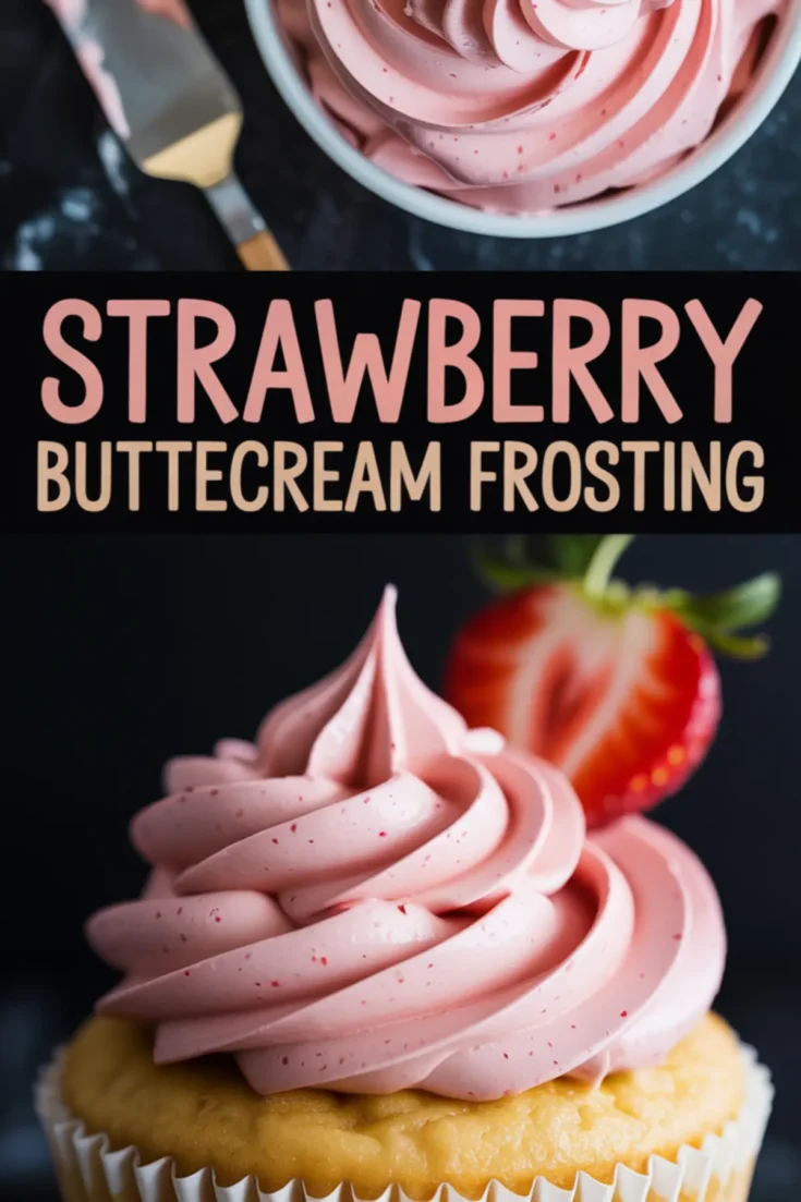 Top view shows a bowl of strawberry frosting with a spatula and sliced strawberry; bottom view features a cupcake with piped pink frosting and half a strawberry. Bold pink and beige text reads “Strawberry Buttercream Frosting.”