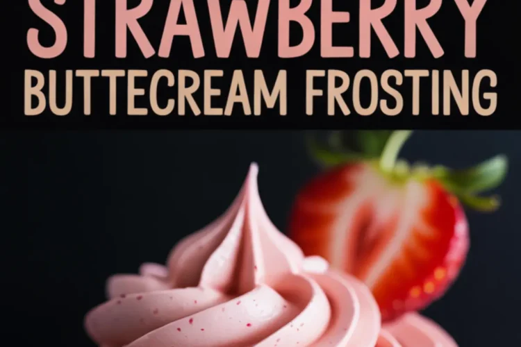 Top view shows a bowl of strawberry frosting with a spatula and sliced strawberry; bottom view features a cupcake with piped pink frosting and half a strawberry. Bold pink and beige text reads “Strawberry Buttercream Frosting.”