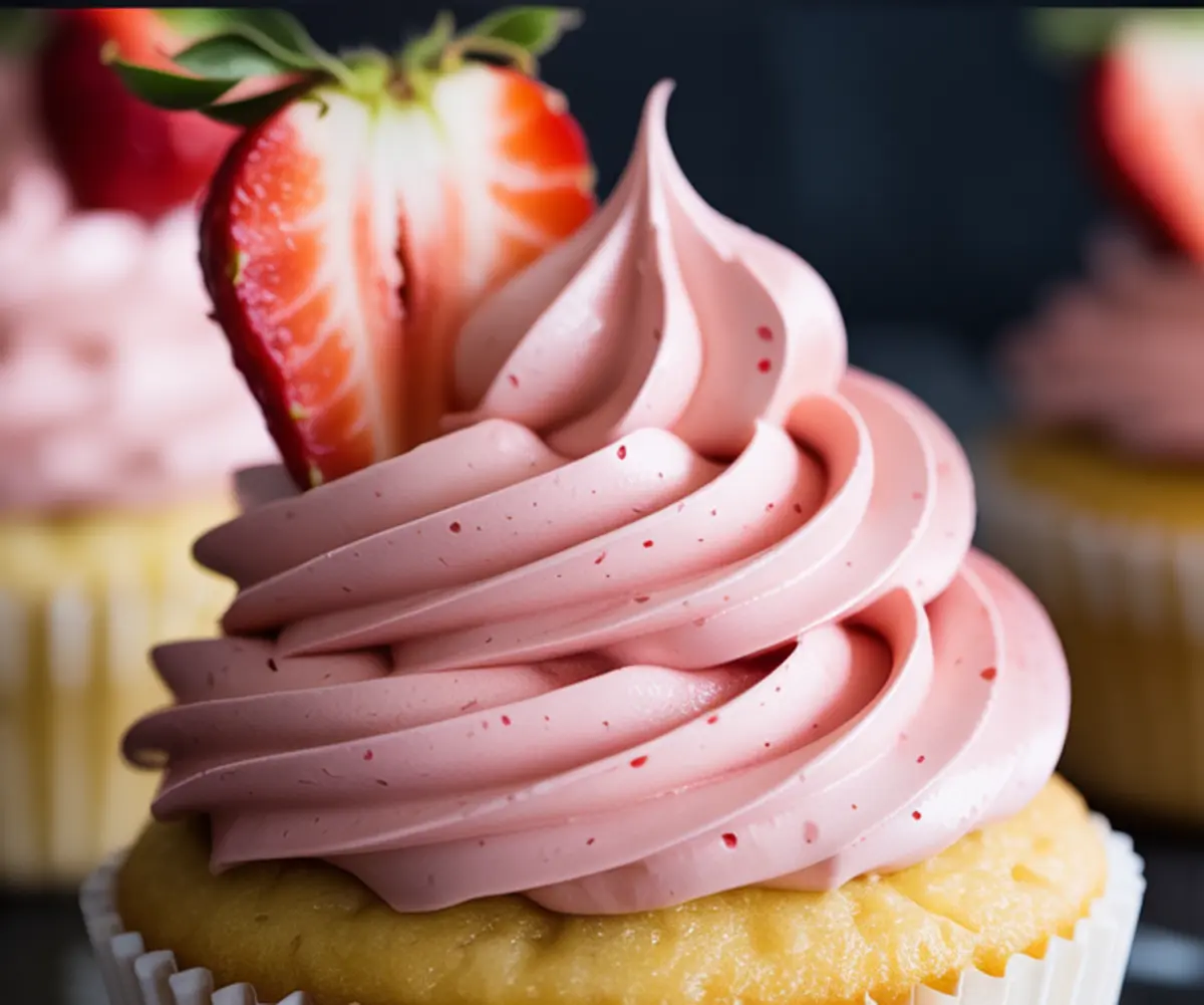Close-up of a vanilla cupcake topped with pink strawberry buttercream frosting and garnished with a halved fresh strawberry.