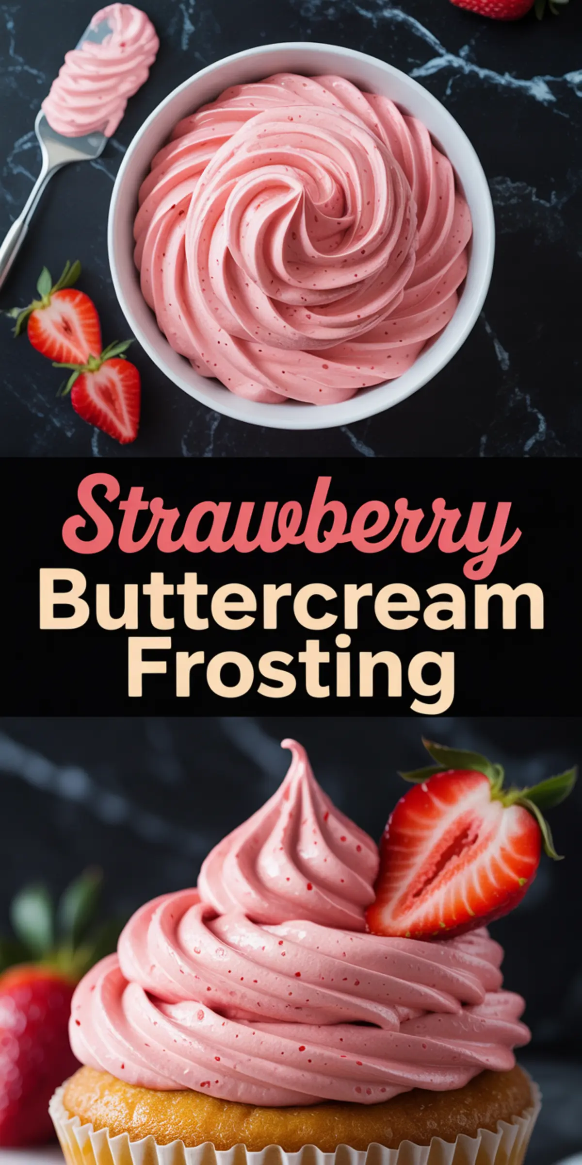 Top half presents a bowl of creamy strawberry frosting with a spatula and fresh strawberries; bottom half displays a cupcake with swirled strawberry frosting and a halved berry. Caption reads “Strawberry Buttercream Frosting.”