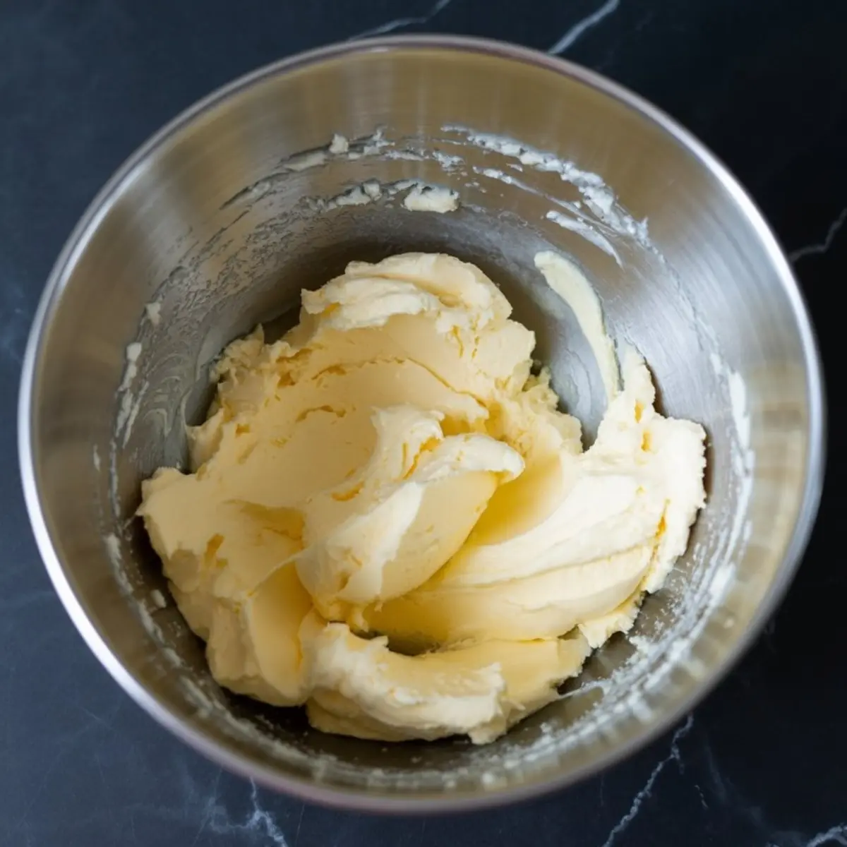 Creamy softened butter in a metal mixing bowl, showing the initial stage of frosting preparation.