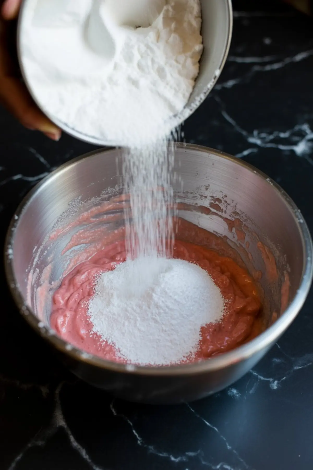 Powdered sugar being poured into a bowl of pink strawberry mixture in the process of making buttercream frosting.