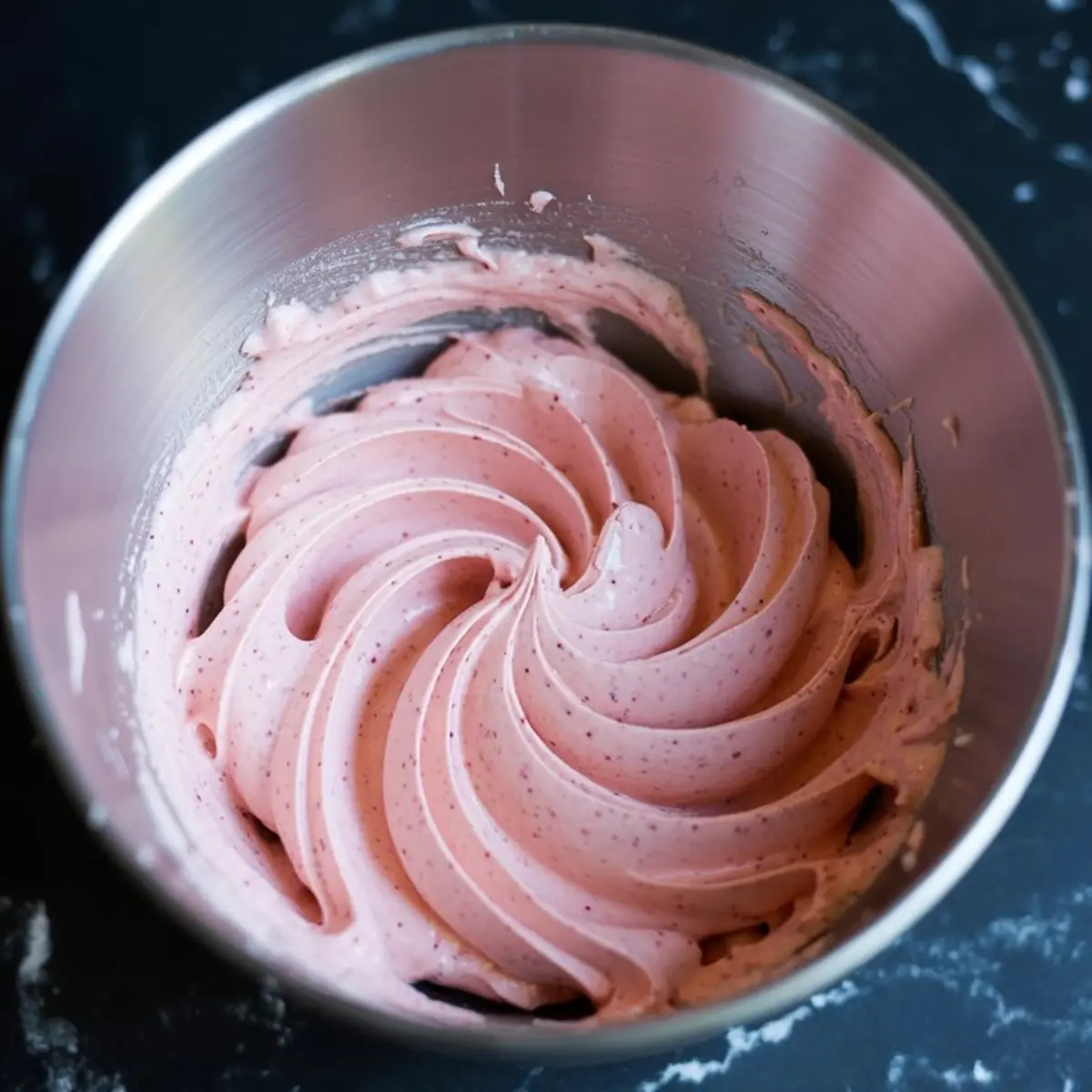 Smooth strawberry buttercream frosting with a piped swirl inside a metal mixing bowl on a dark marble surface.