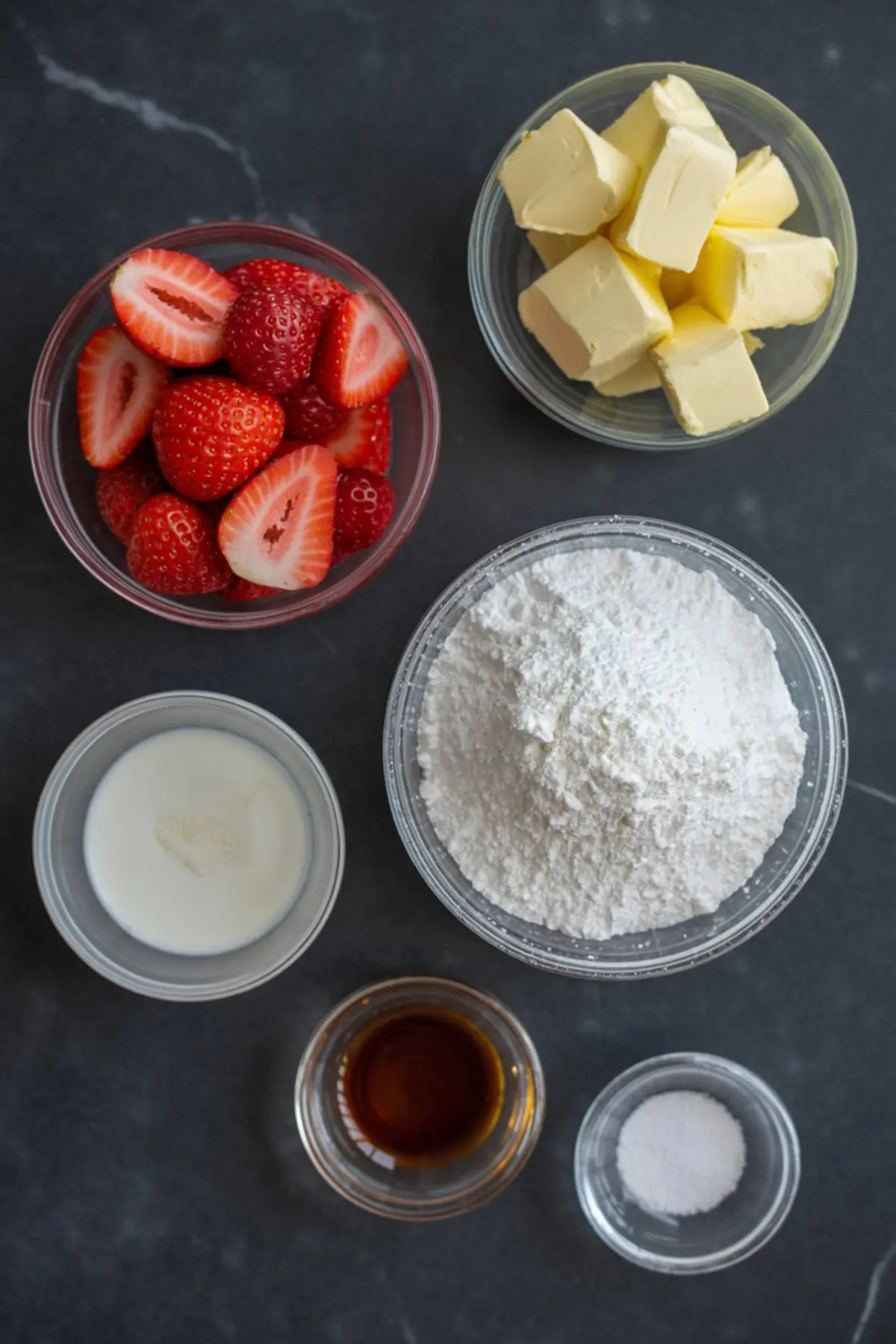 Flat lay of ingredients for strawberry frosting including fresh strawberries, cubed butter, powdered sugar, milk, vanilla extract, and salt in clear bowls.
