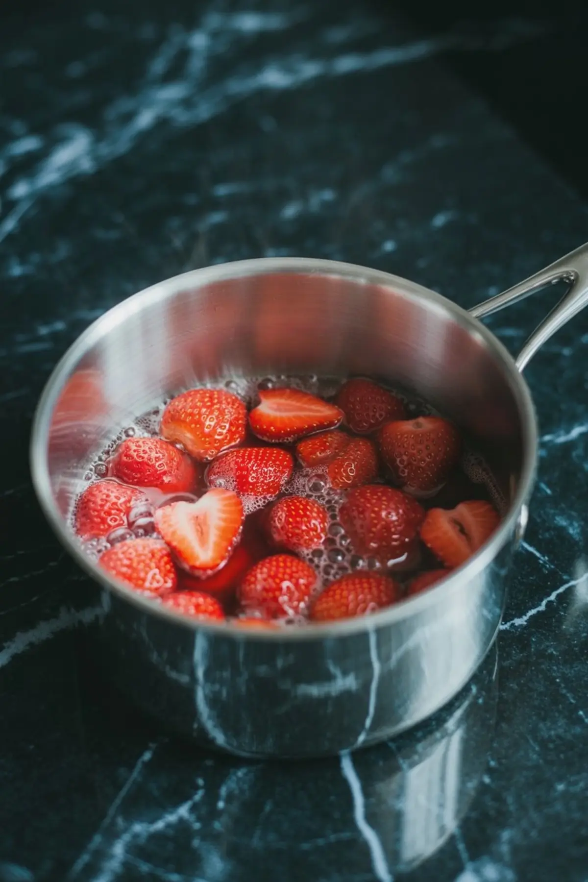 Fresh strawberries simmering in a saucepan on a stovetop, releasing juice for homemade strawberry reduction.