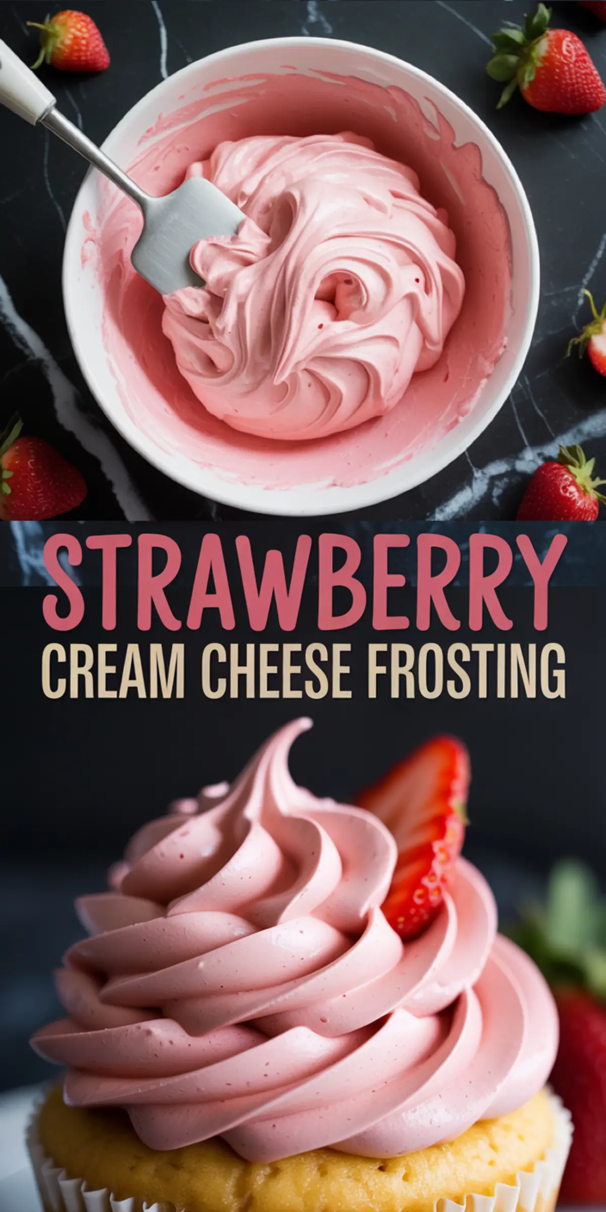 Tall pin collage with a bowl of fluffy pink strawberry cream cheese frosting and spatula above, bold text overlay in the center, and a cupcake with swirled strawberry frosting and strawberry garnish on the bottom half.