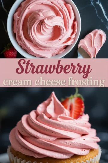 Pinterest collage with whipped strawberry cream cheese frosting in a bowl and on a spatula above, centered text reading “Strawberry cream cheese frosting,” and a vanilla cupcake topped with pink swirled frosting and a sliced strawberry below.