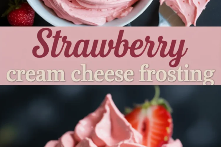Pinterest collage with whipped strawberry cream cheese frosting in a bowl and on a spatula above, centered text reading “Strawberry cream cheese frosting,” and a vanilla cupcake topped with pink swirled frosting and a sliced strawberry below.