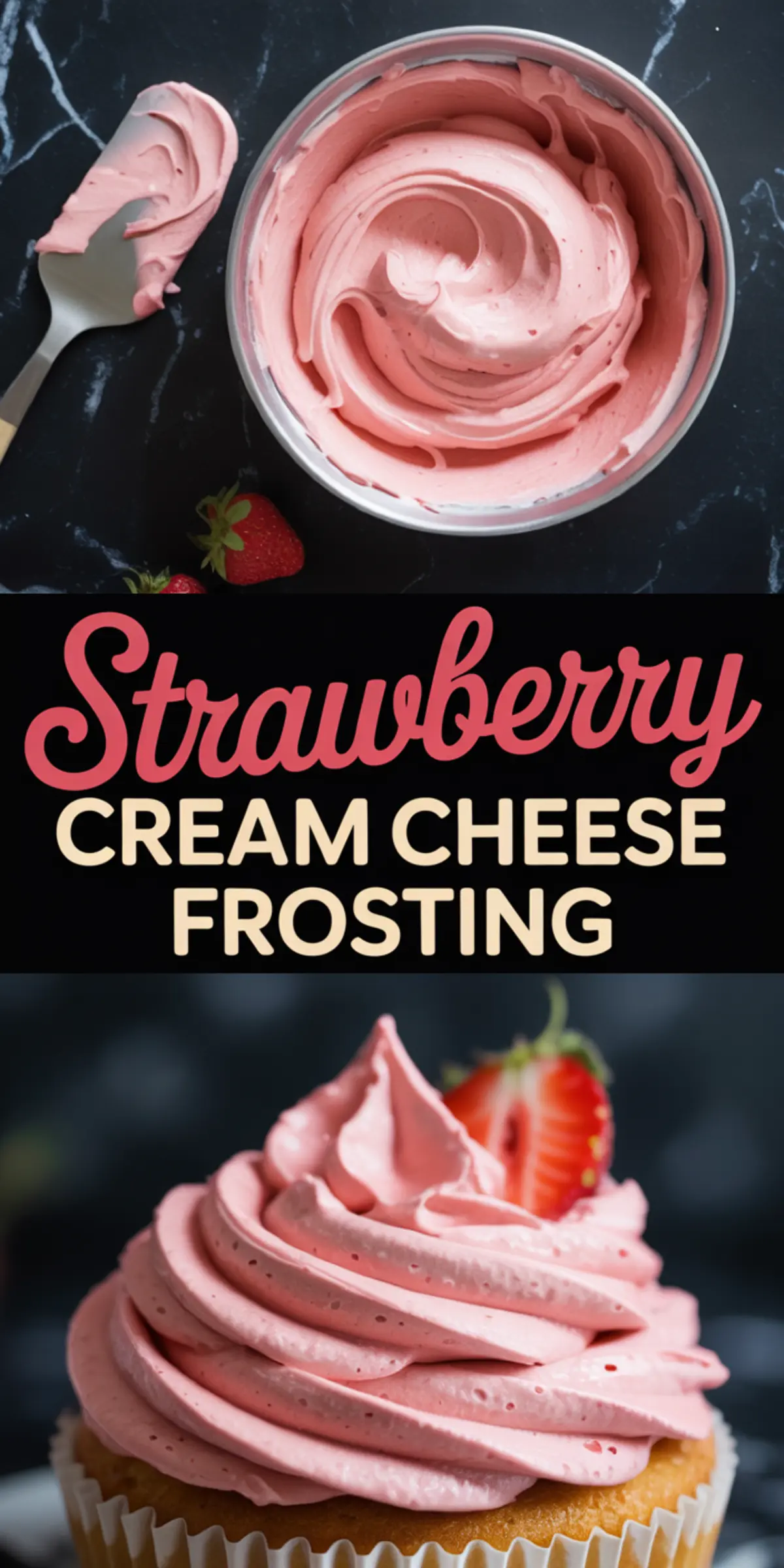 Vertical collage showing a bowl of strawberry cream cheese frosting with a spatula and whole strawberries above, and a frosted cupcake with pink strawberry frosting and half a fresh strawberry on top below. Bold title text reads “Strawberry Cream Cheese Frosting.”