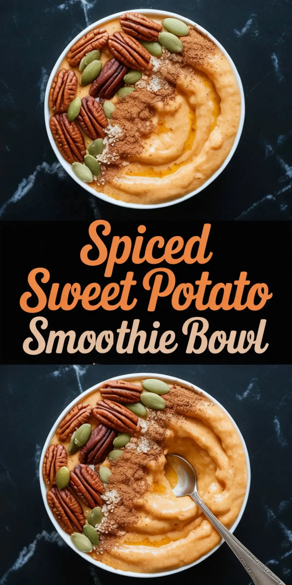 Vertical collage showing two spiced sweet potato smoothie bowls garnished with pecans, pumpkin seeds, cinnamon, and oats, with one bowl partially eaten and a center label reading “Spiced Sweet Potato Smopthie Bowl.”