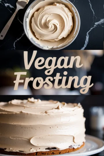 Collage with a bowl of glossy vegan frosting above and a close-up of a fully frosted cake below, featuring large centered text that reads “Vegan Frosting.”