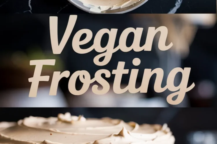 Collage with a bowl of glossy vegan frosting above and a close-up of a fully frosted cake below, featuring large centered text that reads “Vegan Frosting.”