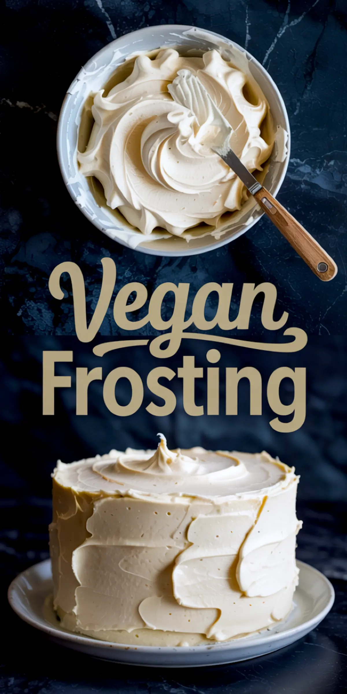 Collage featuring a bowl of swirled vegan frosting with a spatula and a frosted layer cake below, with beige “Vegan Frosting” text overlay in the center.