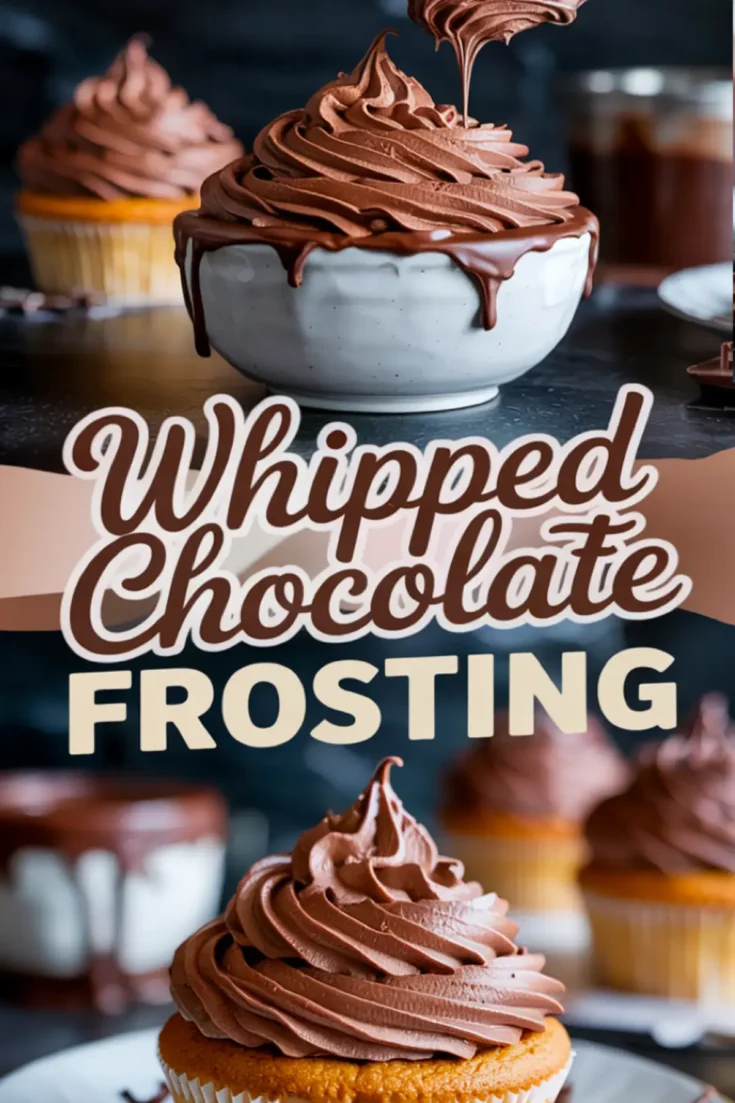 Vertical collage with piped chocolate frosting in a white bowl and cupcakes decorated with chocolate frosting, labeled “Whipped Chocolate Frosting” for recipe inspiration.