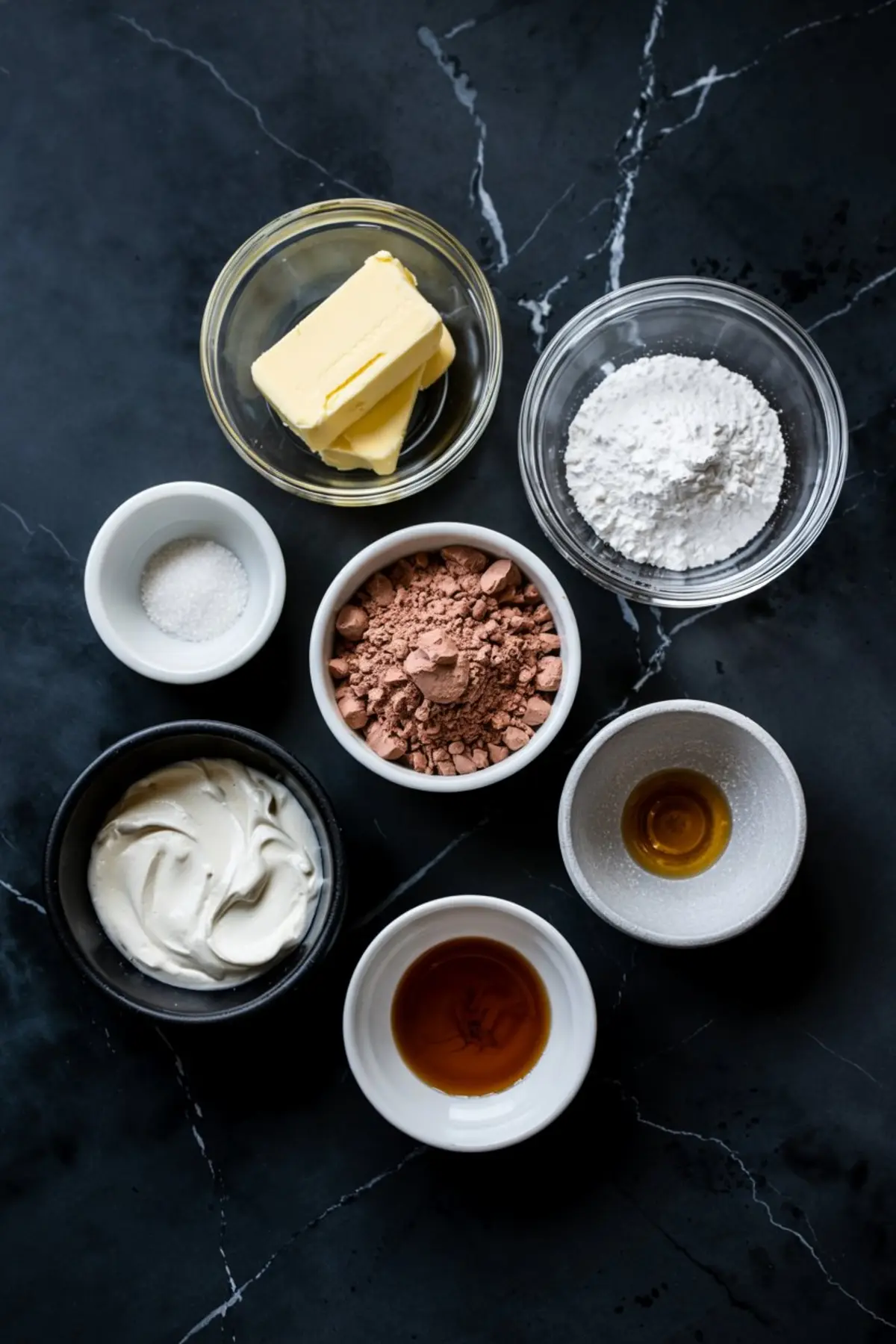 Flat lay of chocolate frosting ingredients on a dark marble surface, including butter, powdered sugar, cocoa powder, salt, vanilla extract, heavy cream, and sour cream arranged in small bowls.