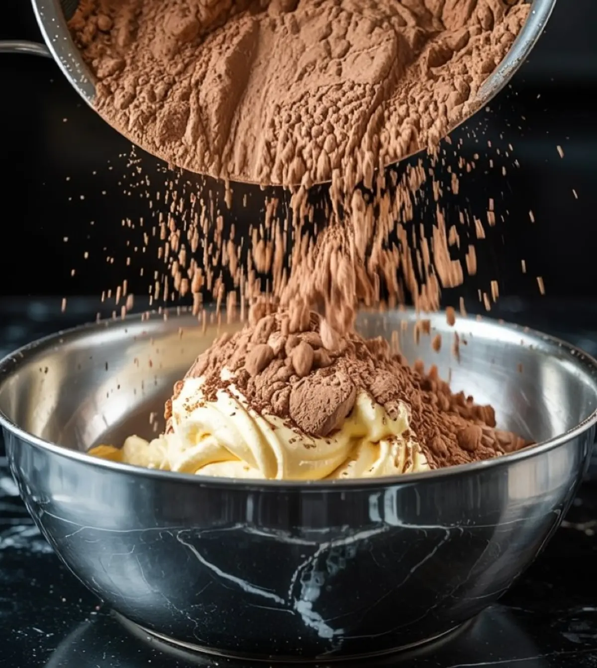 Cocoa powder falling into a mixing bowl filled with whipped butter, captured mid-action to highlight the chocolate frosting preparation process.