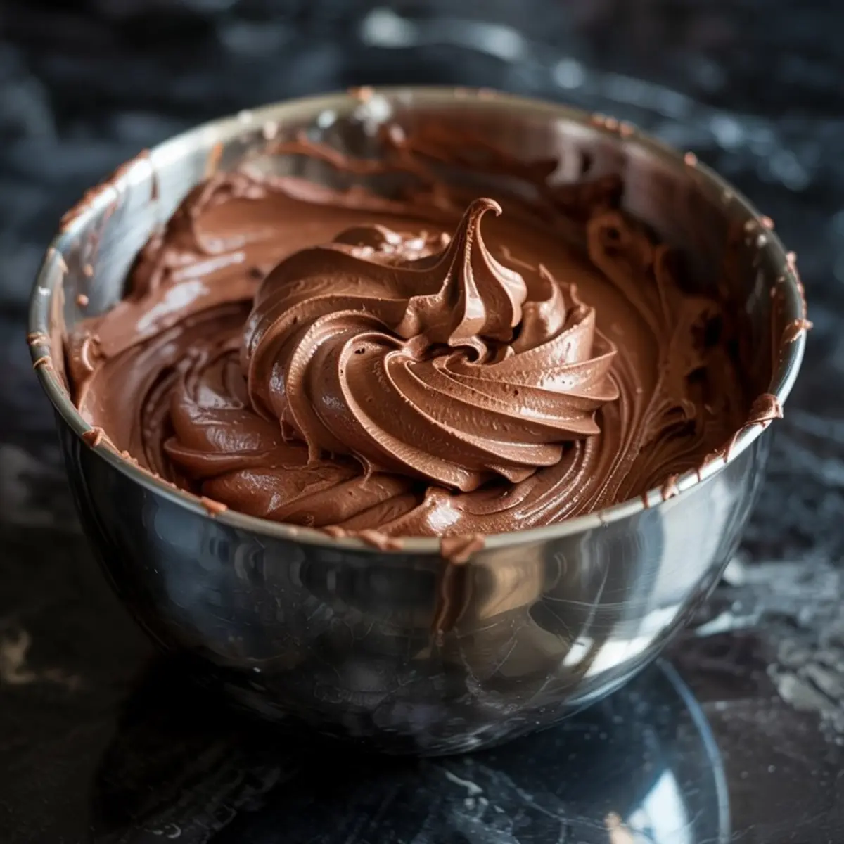 Swirled whipped chocolate frosting in a stainless steel mixing bowl on a black marble countertop, showcasing its silky, airy texture and rich cocoa color.