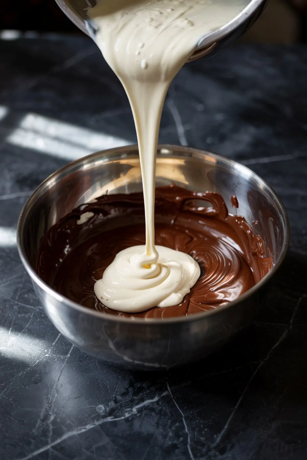 Thick white cream being poured into a bowl of melted chocolate, showing the step of combining ingredients for whipped chocolate frosting on a dark countertop.