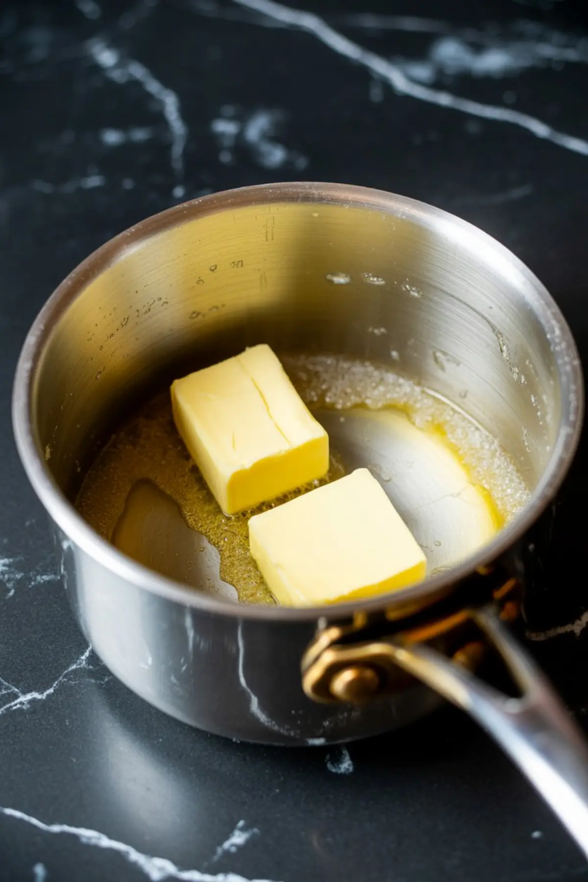 Two cubes of butter melting in a stainless steel saucepan on a black marble countertop.