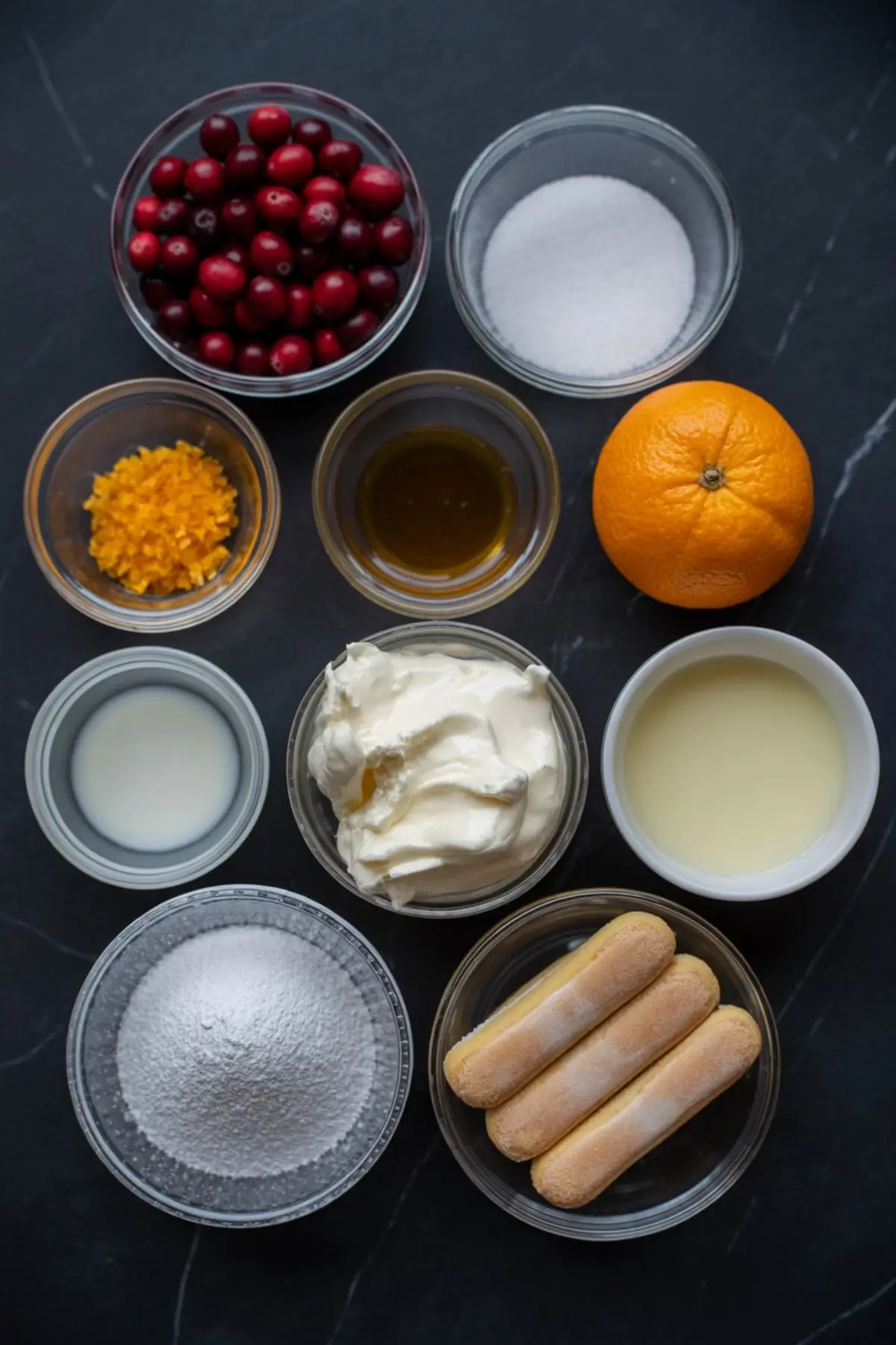 Overhead shot of individual ingredients in glass bowls for white chocolate cranberry tiramisu, including fresh cranberries, granulated sugar, orange zest, honey, mascarpone, sweetened condensed milk, whole milk, powdered sugar, ladyfinger cookies, and a whole orange on a black surface.
