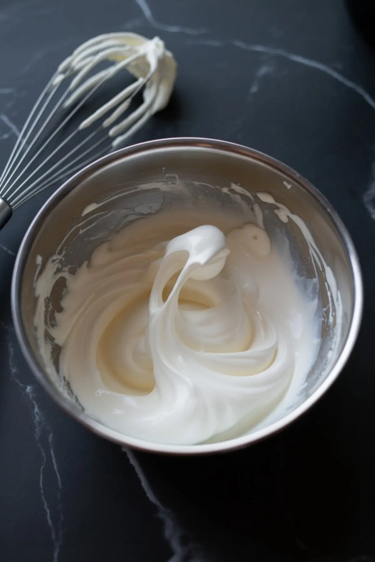Whipped egg whites in a stainless steel mixing bowl with stiff peaks forming, sitting beside a metal whisk coated in the same white meringue on a dark marbled surface.
