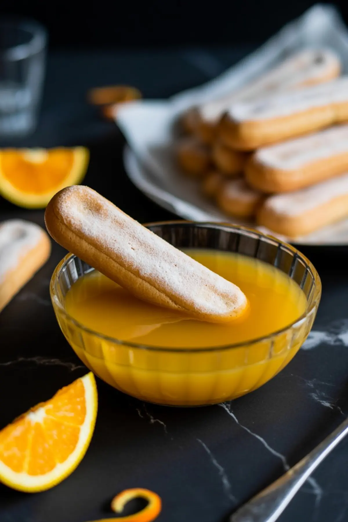 Ladyfinger cookie being dipped into a bowl of orange juice with fresh orange slices and a plate of powdered ladyfingers in the background, all set on a dark marble surface.
